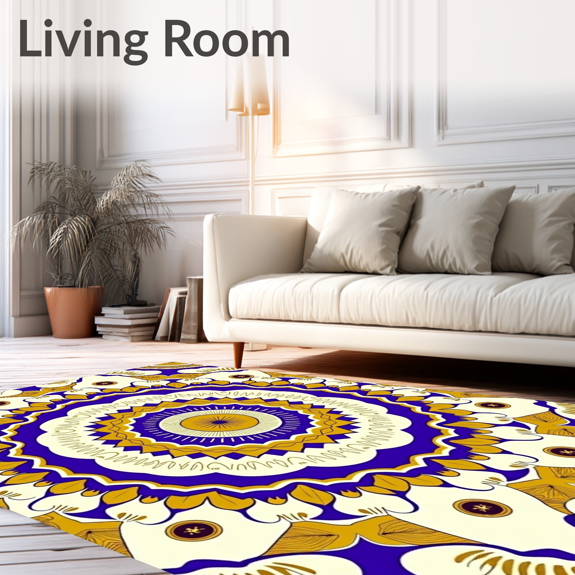 Vibrant Blue Gold Mandala Bloom Rug