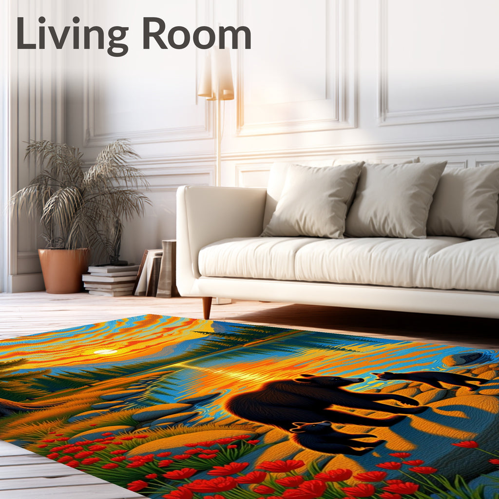 Vibrant Sunset Bear Family Lake Landscape Rug