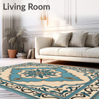 Aqua Blue Floral Medallion Cream Border Rug