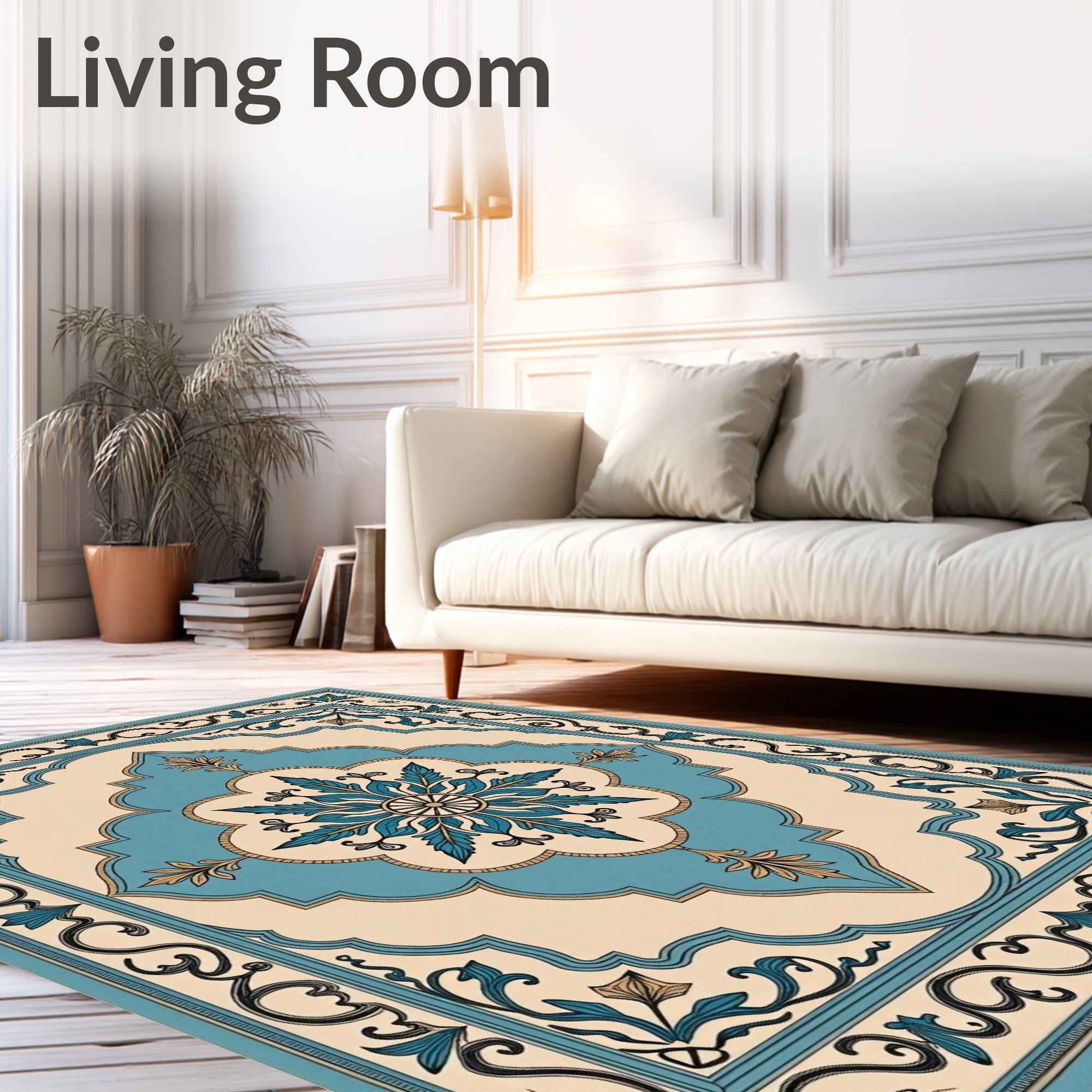 Aqua Blue Floral Medallion Cream Border Rug