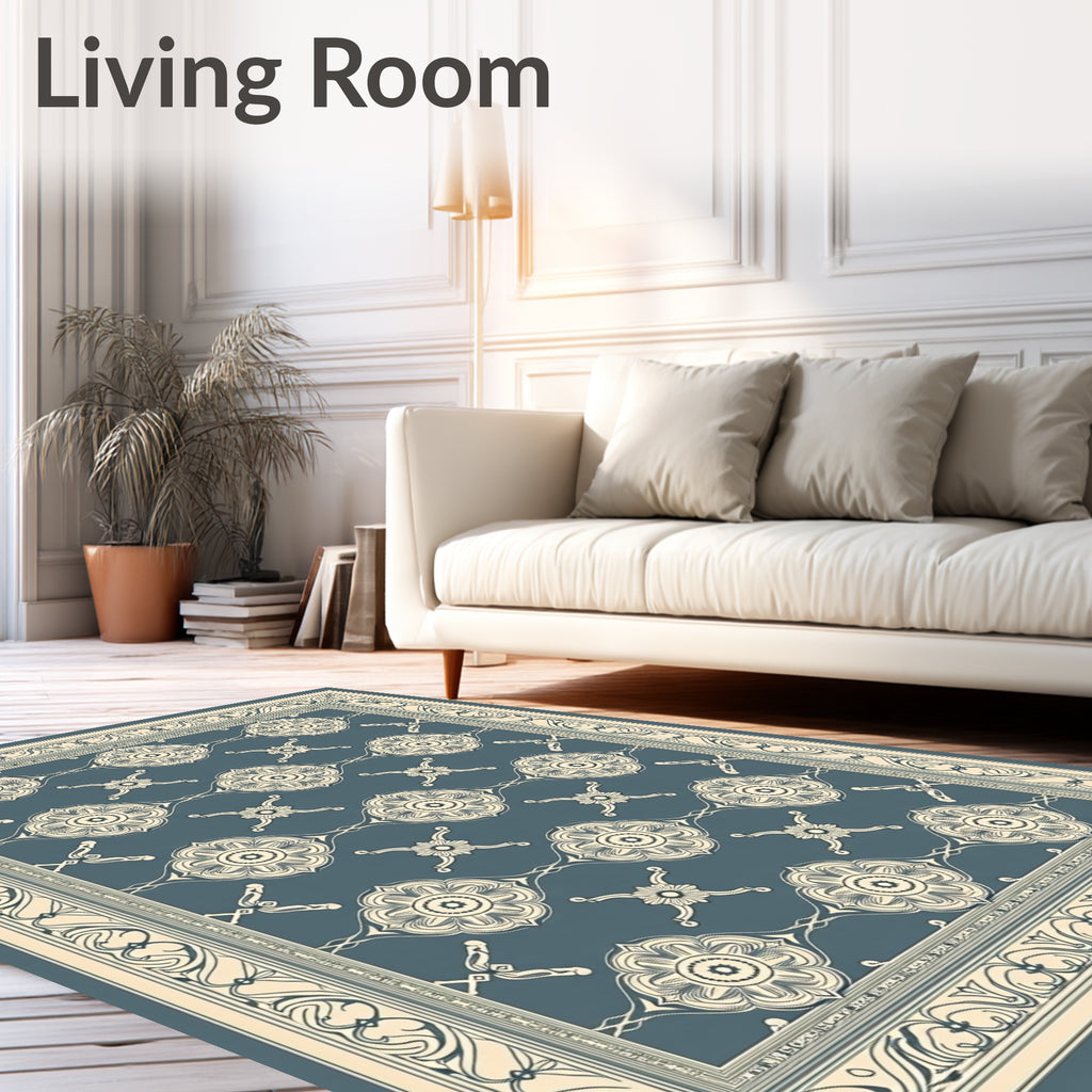 Cream Floral Motif On Slate Blue Rug