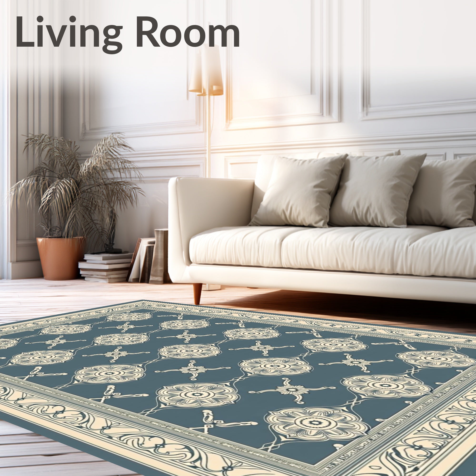 Cream Floral Motif On Slate Blue Rug
