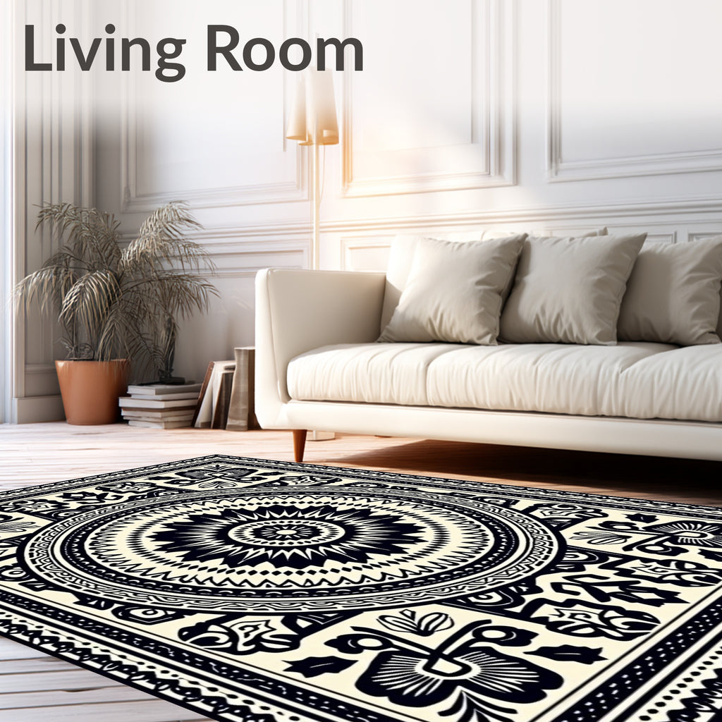 Bold Black Floral Medallion Border Rug