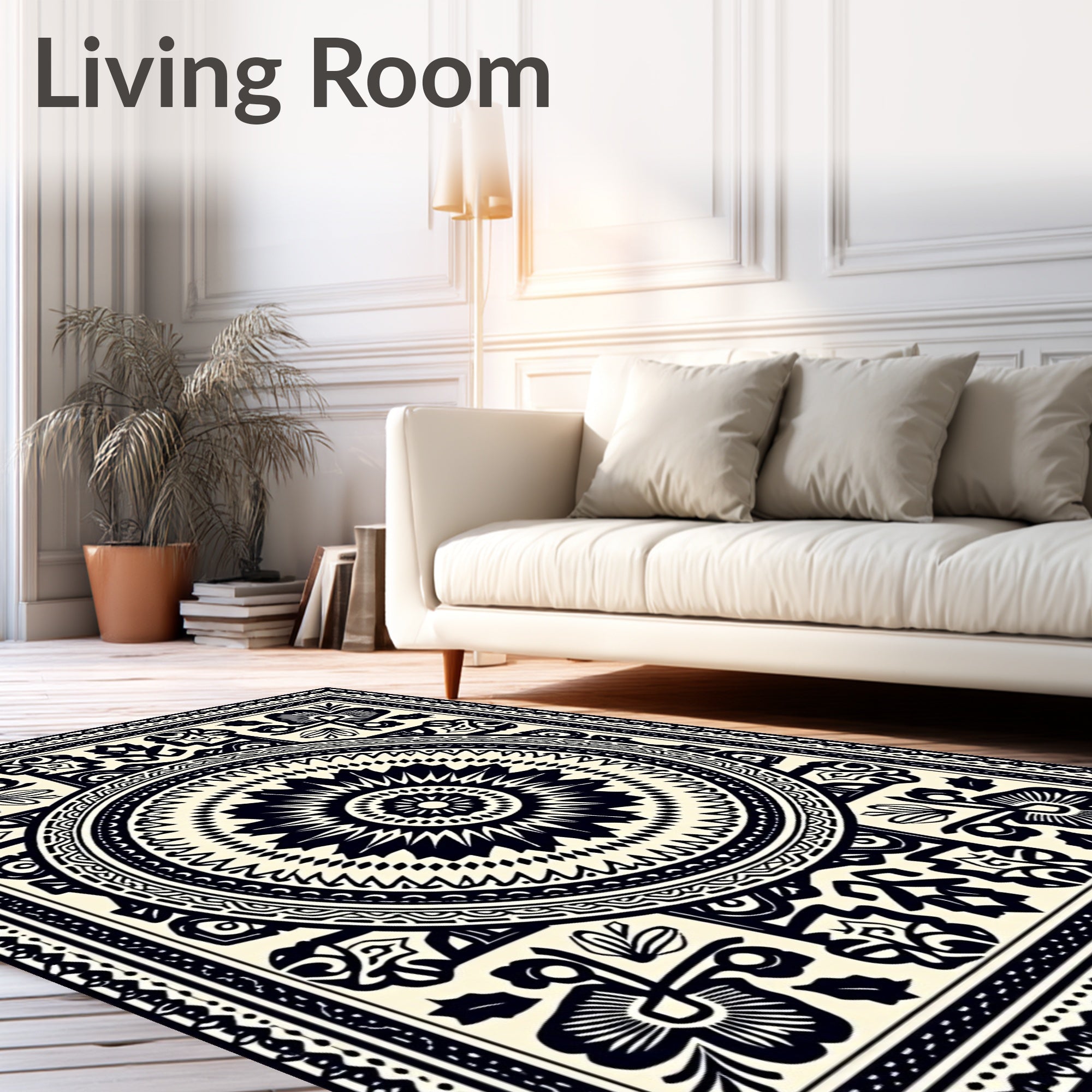 Bold Black Floral Medallion Border Rug