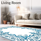 Azure Blue Ornate Scroll Border Rug