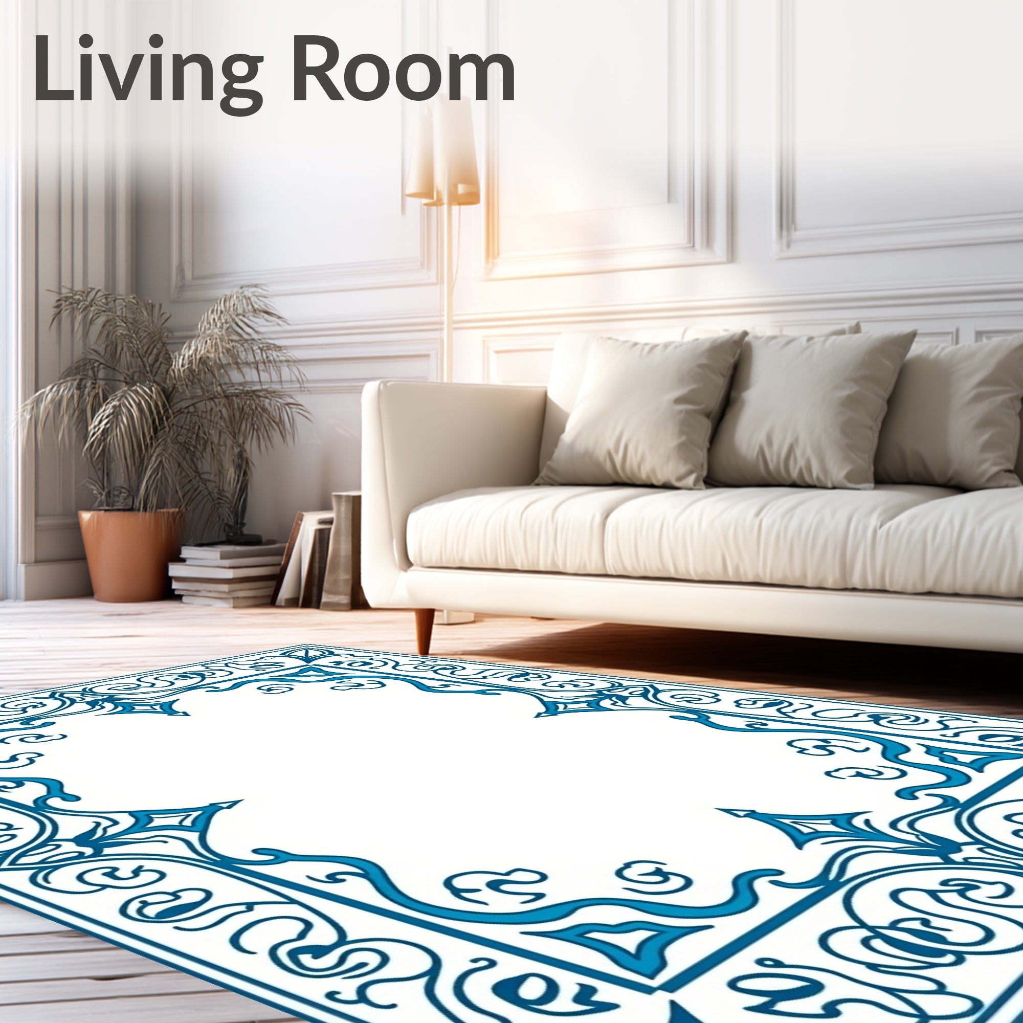 Azure Blue Ornate Scroll Border Rug