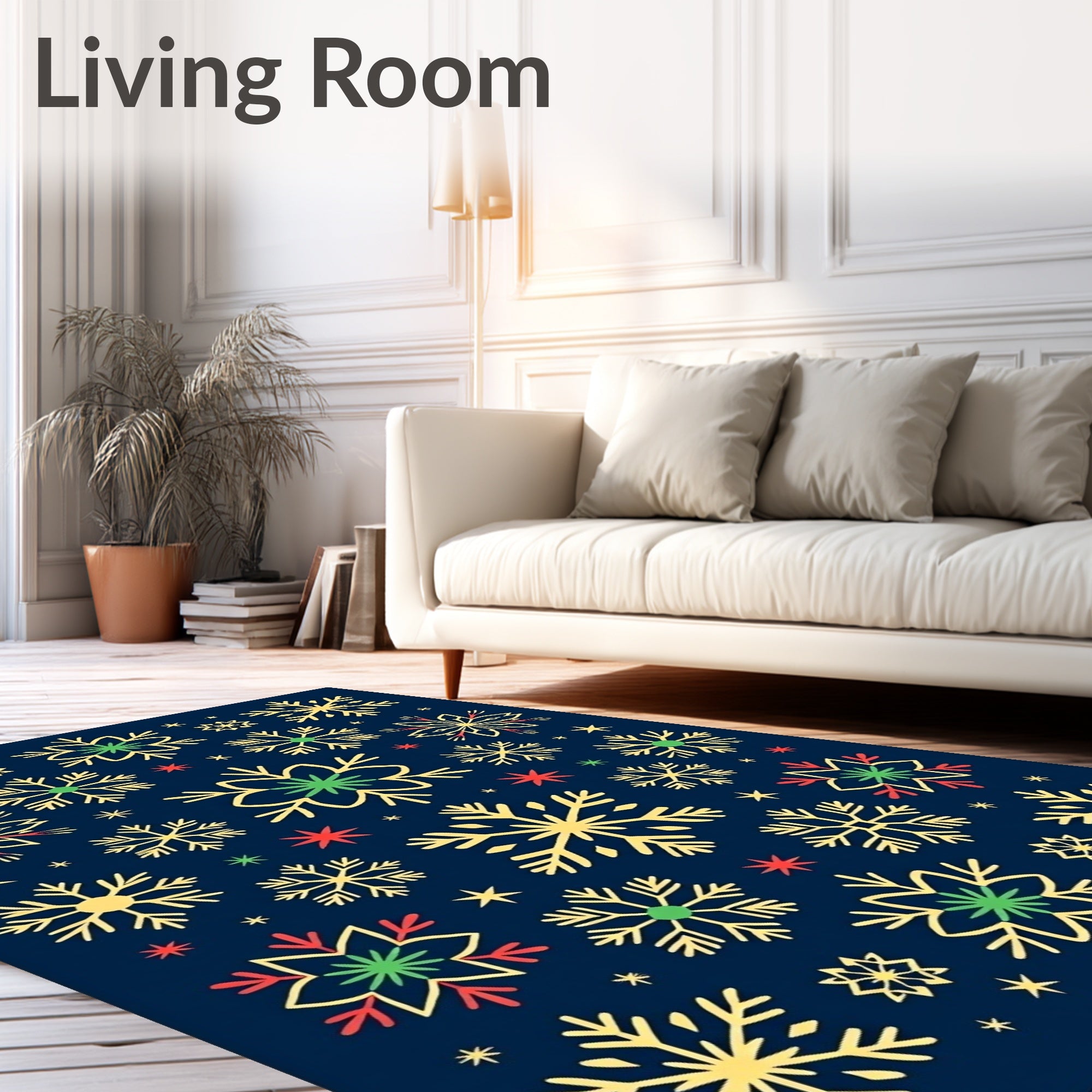 Gold Snowflake Star Red Green Motif Rug