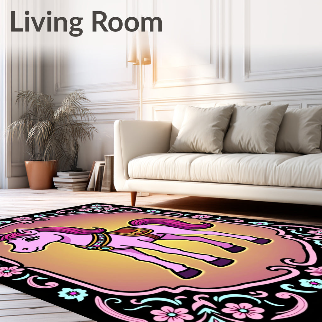 Whimsical Pink Horse Floral Border Rug