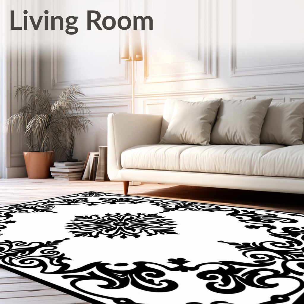 Black White Ornate Medallion Scroll Rug