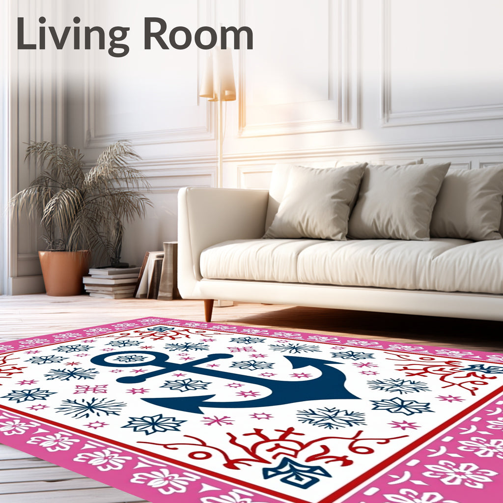 Navy Anchor Pink Floral Border Rug