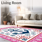 Navy Anchor Pink Floral Border Rug