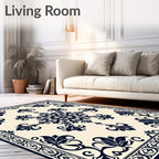 Navy Cream Floral Medallion Border Rug