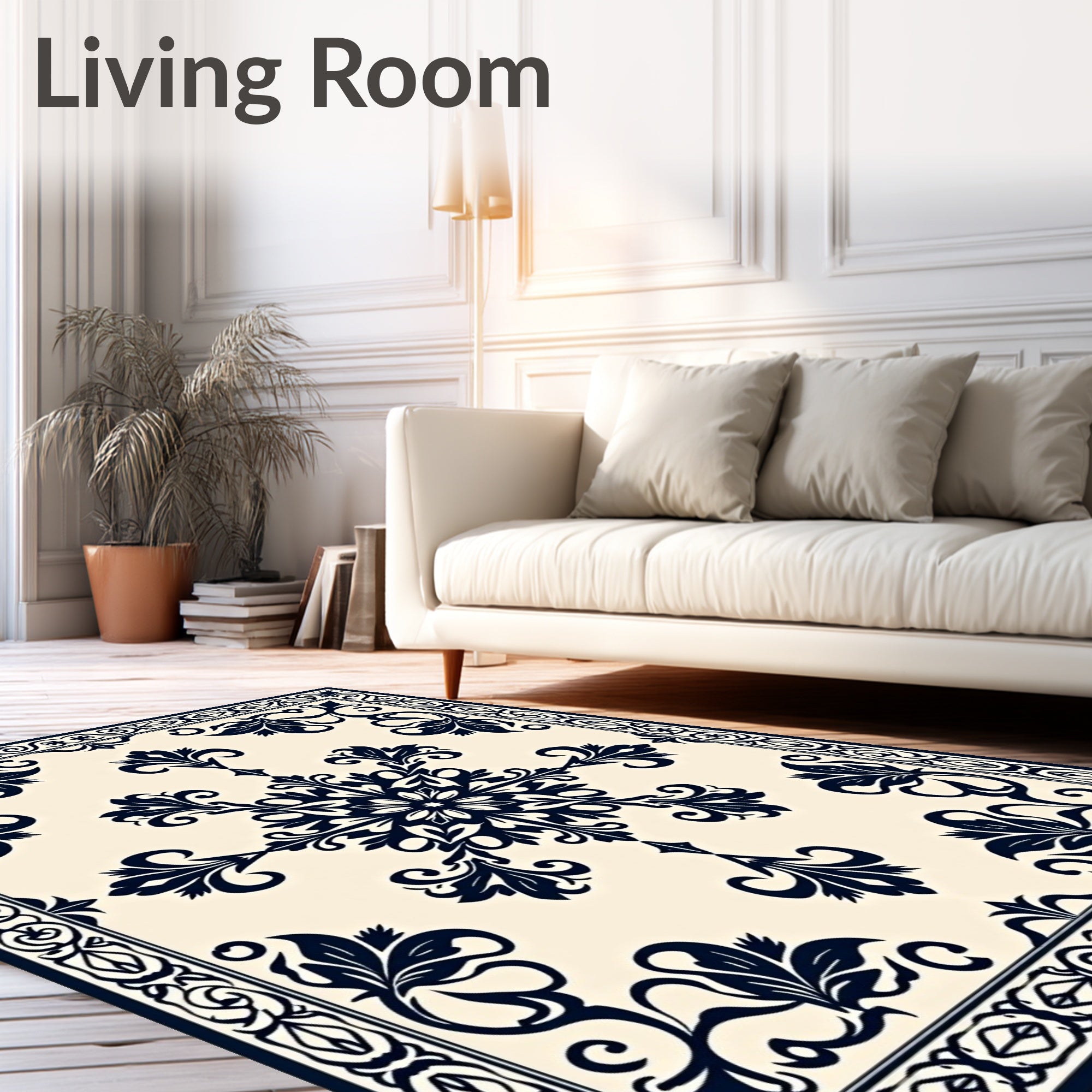 Navy Cream Floral Medallion Border Rug