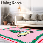 Festive Yellow Car Christmas Tree Border Rug