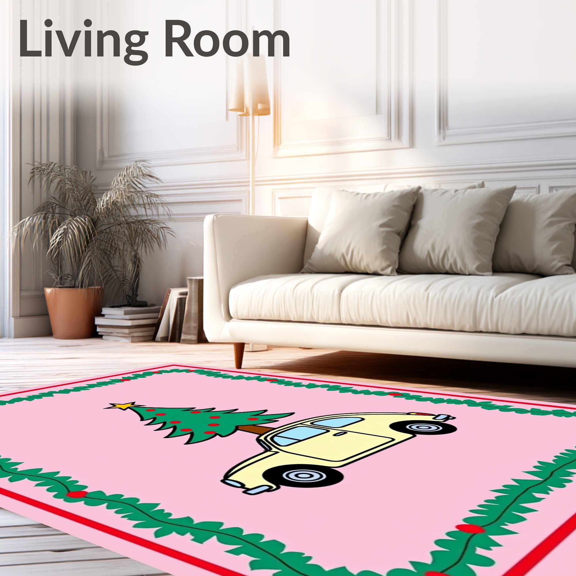 Festive Yellow Car Christmas Tree Border Rug