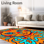 Whimsical Orange Cat Abstract Border Rug