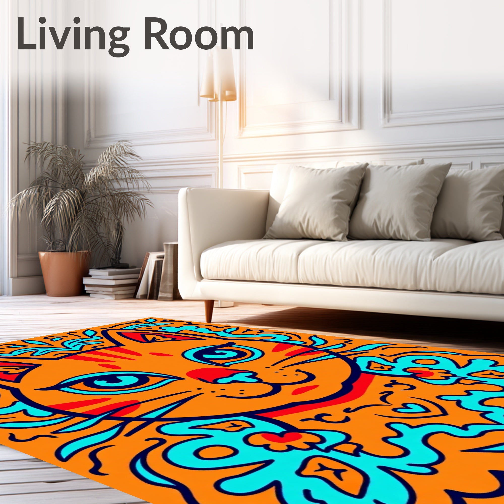 Whimsical Orange Cat Abstract Border Rug