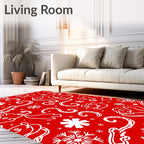 Red White Festive Reindeer Snowflakes Swirls Rug