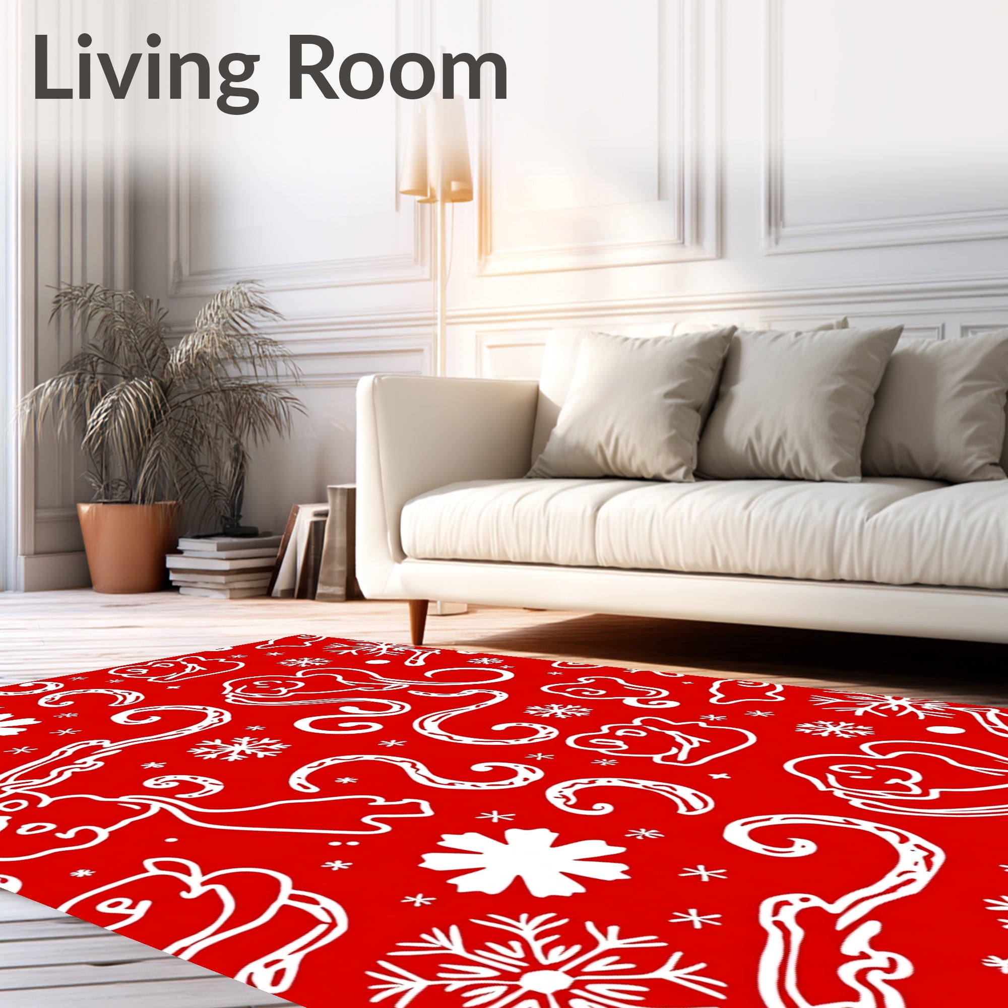 Red White Festive Reindeer Snowflakes Swirls Rug