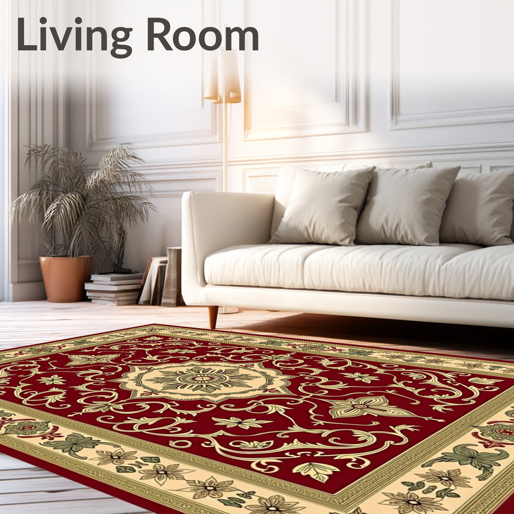 Crimson and Cream Floral Border Medallion Rug