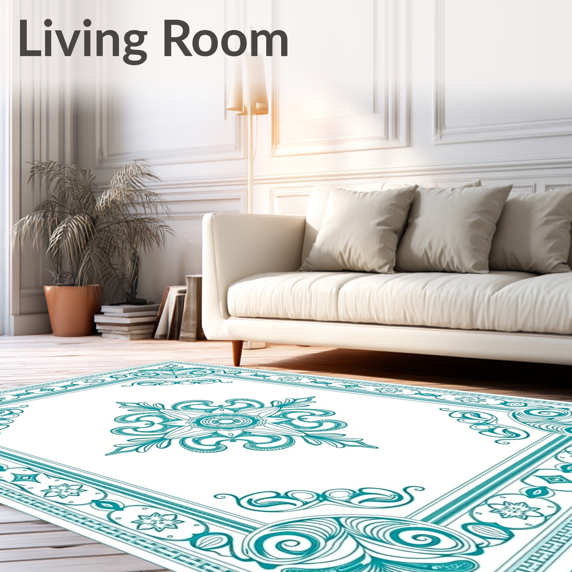 Elegant Teal Filigree Medallion Frame Rug