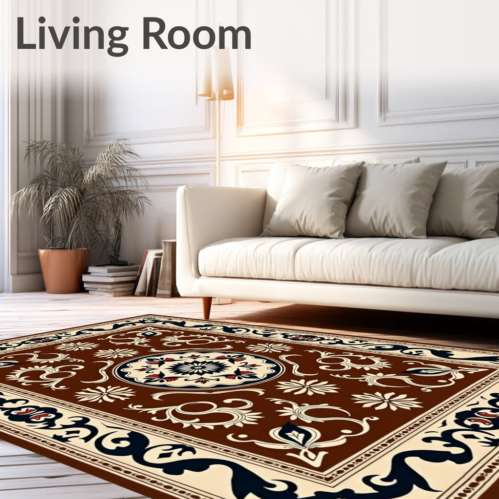 Ornate Brown Ivory Dark Navy Medallion Rug