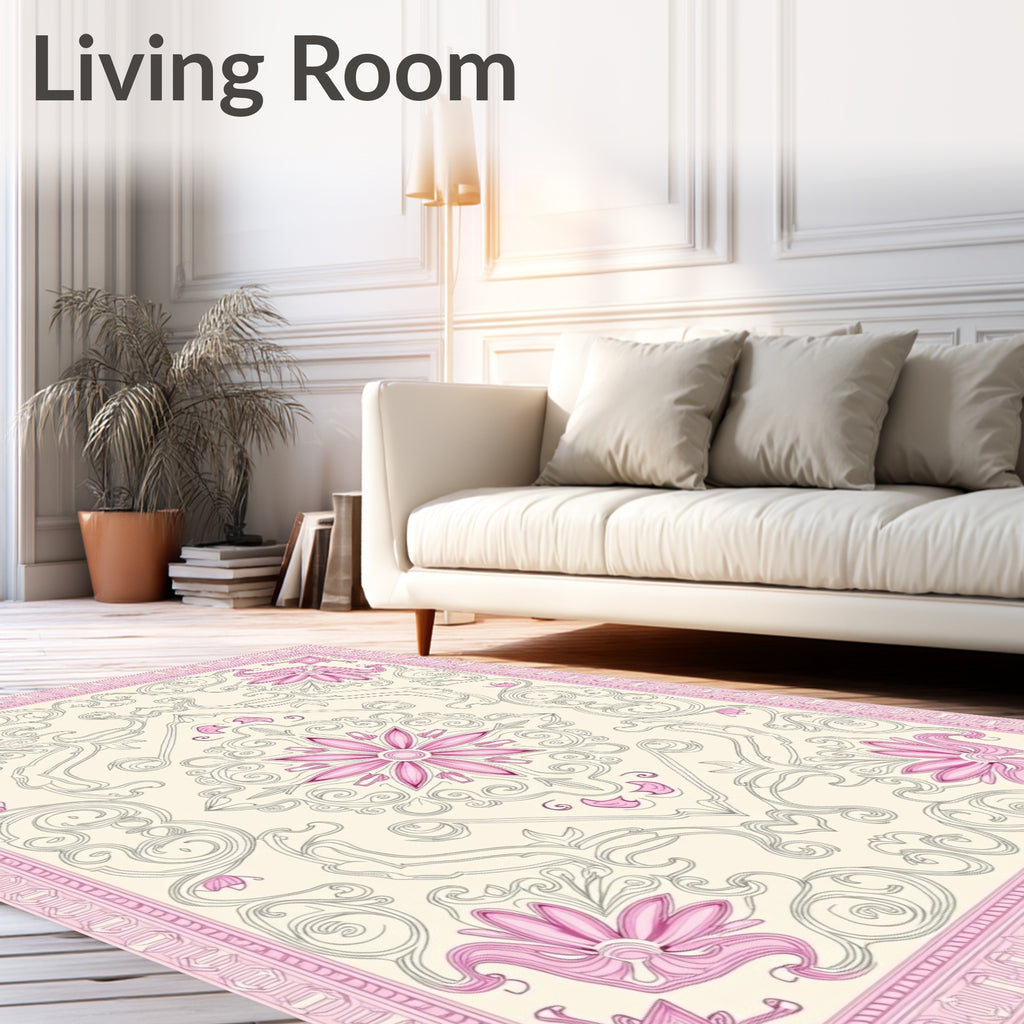 Pink Floral Scrollwork Cream Medallion Rug