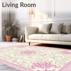 Pink Floral Scrollwork Cream Medallion Rug
