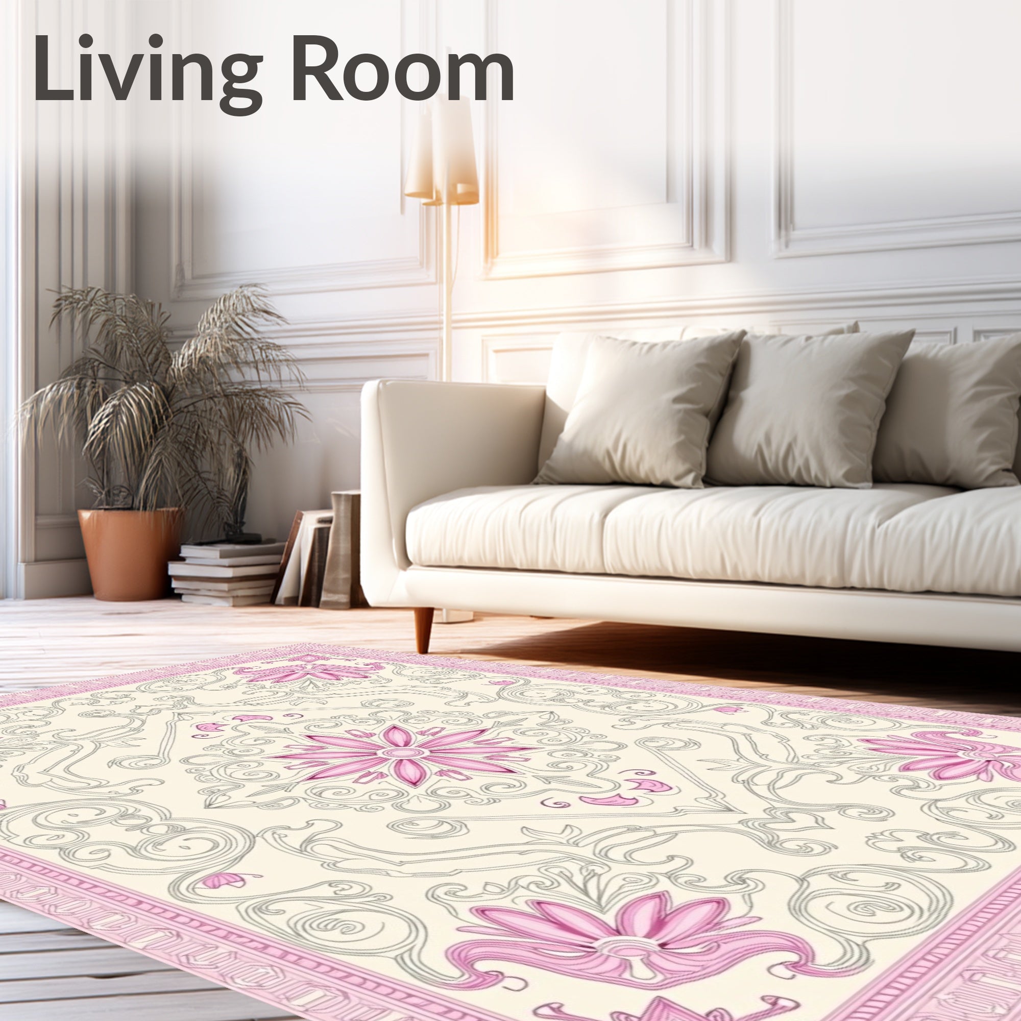 Pink Floral Scrollwork Cream Medallion Rug