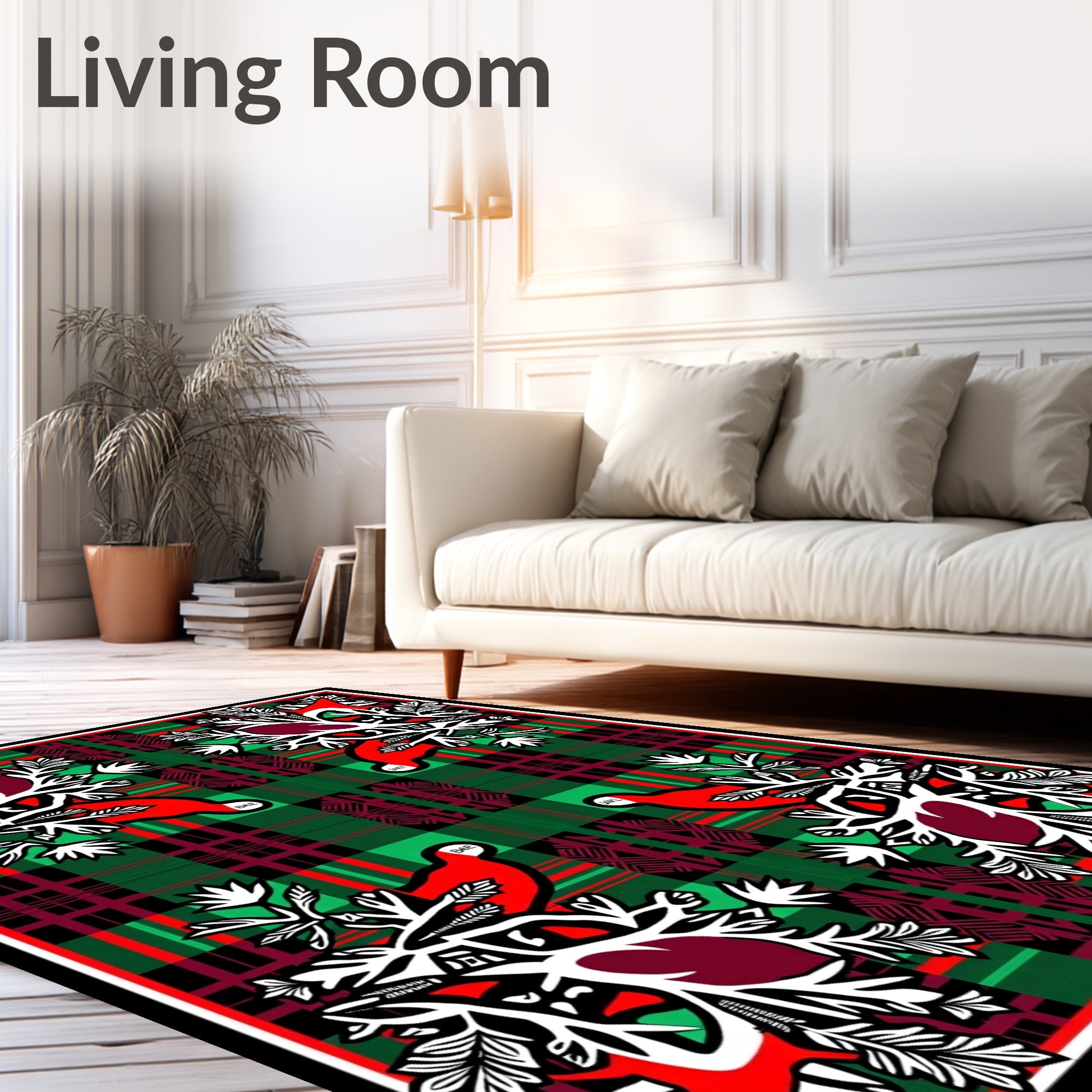Bold Red Bird Green Plaid Fauna Rug