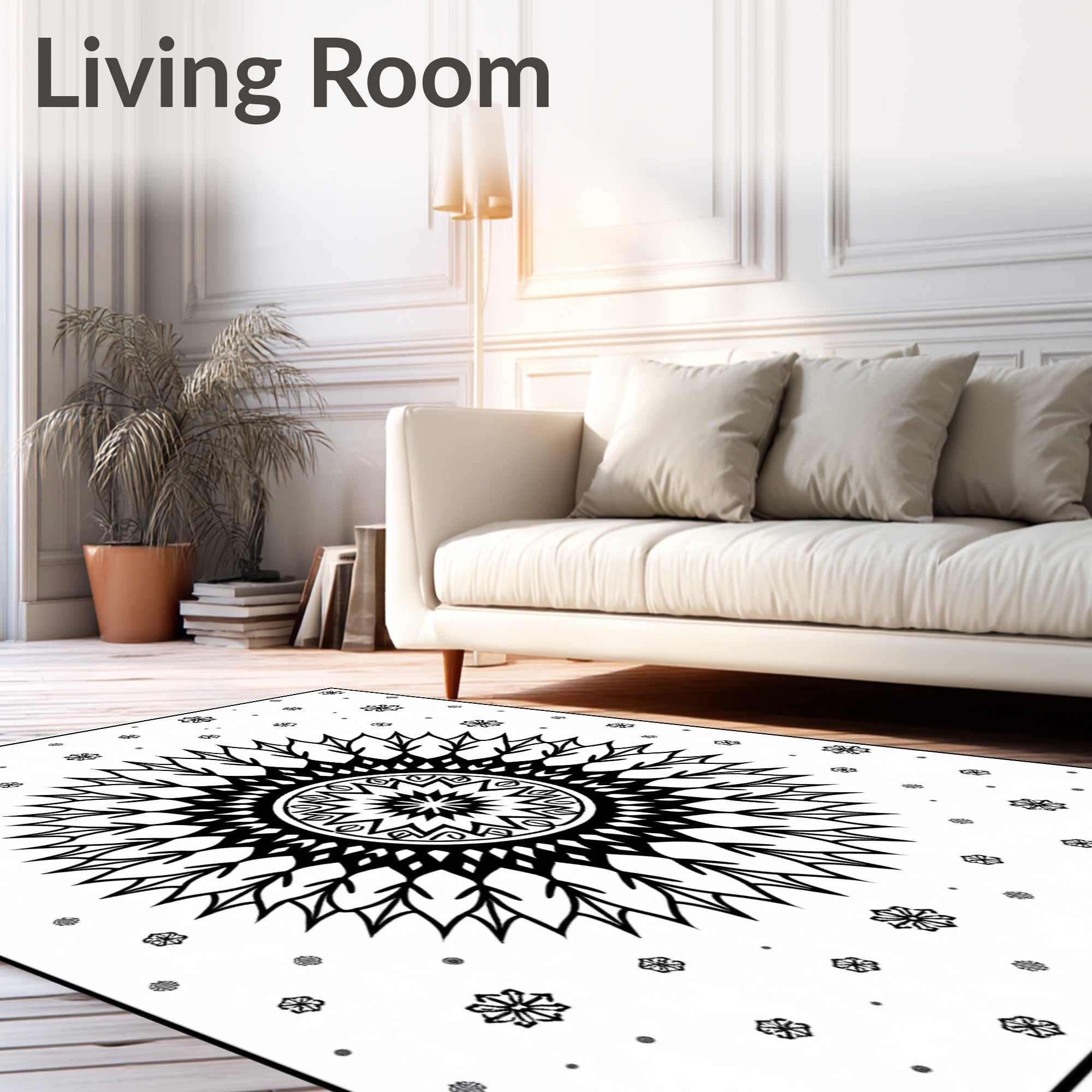 Black White Snowflake Mandala Rug