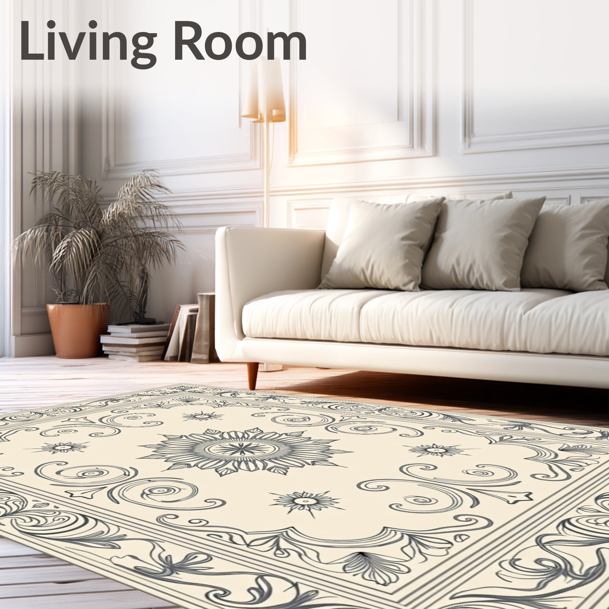Cream Gray Floral Mandala Frame Rug