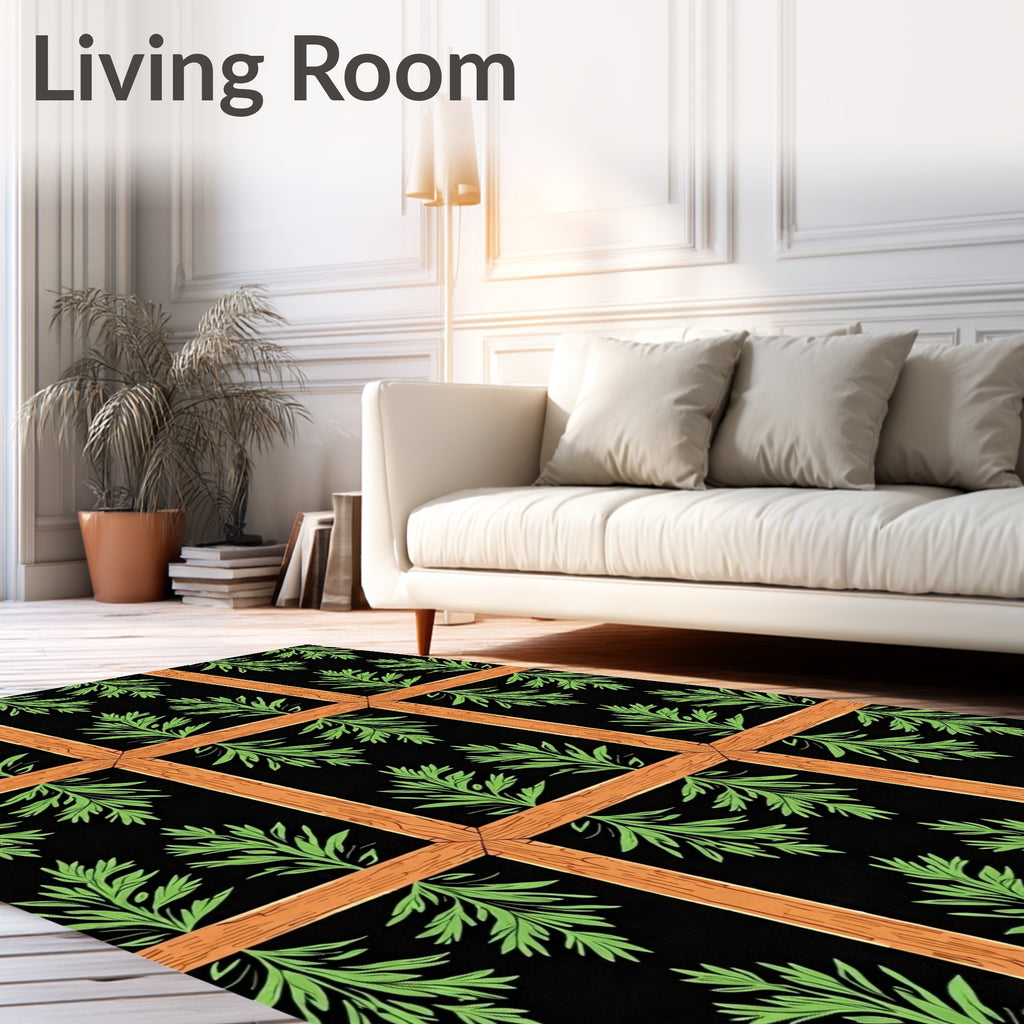 Black Wood Frame Green Foliage Rug