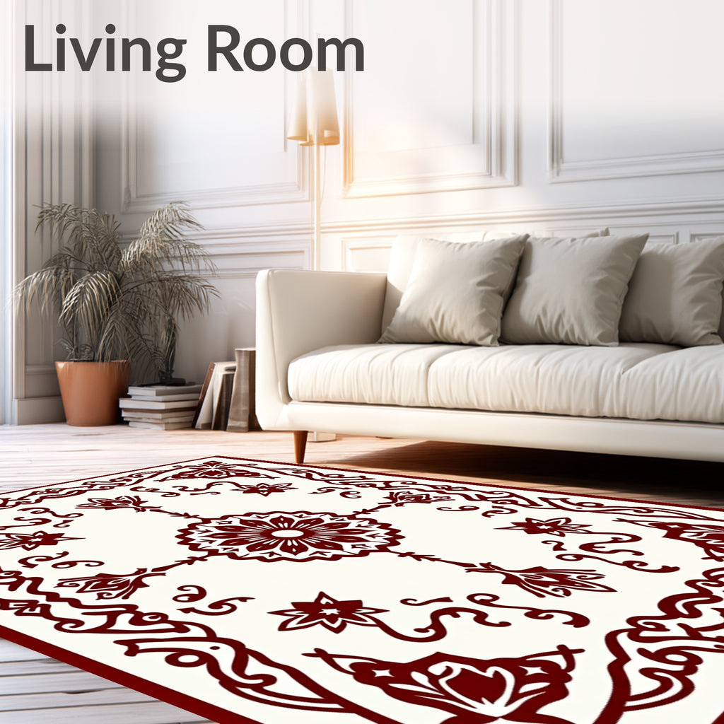 Deep Red Floral Star Border Design Rug
