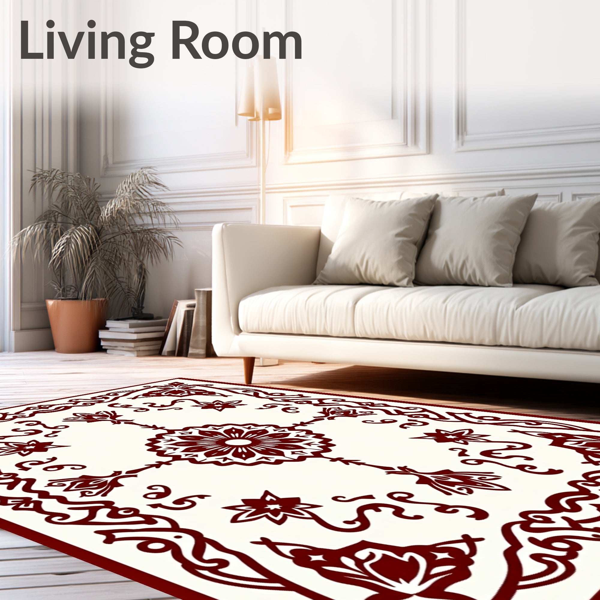 Deep Red Floral Star Border Design Rug