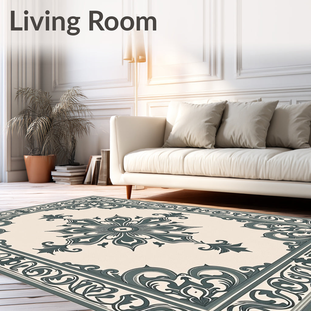 Classic Teal Floral Medallion Border Rug