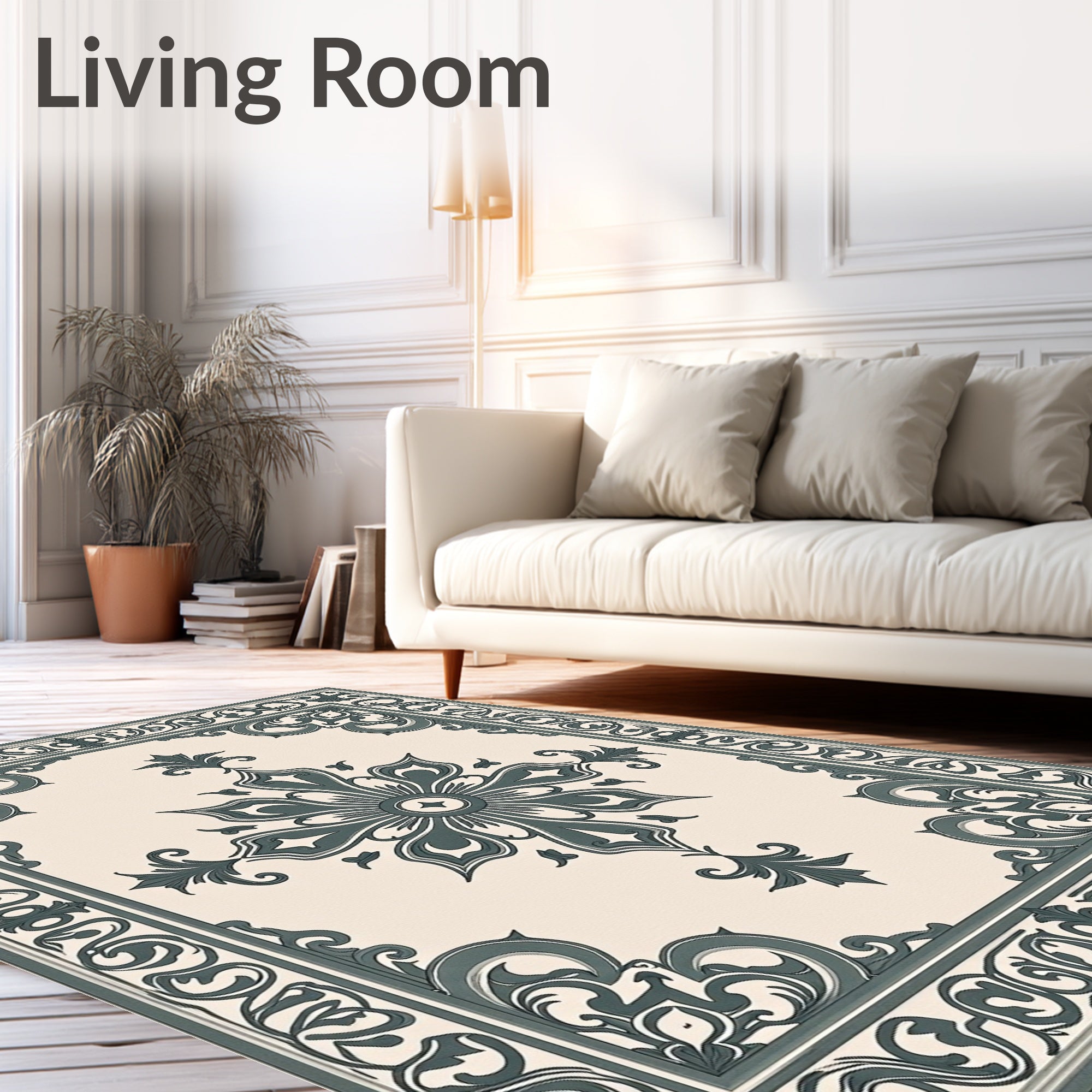 Classic Teal Floral Medallion Border Rug