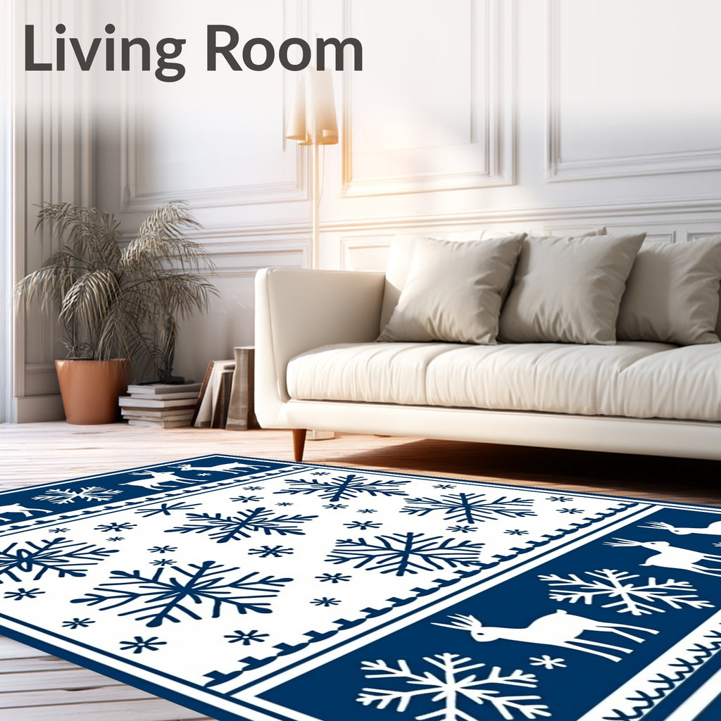 Winter Scenes Deep Blue Snowflake Deer Rug