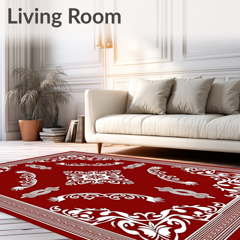 Crimson Floral Bordered Mandala Rug