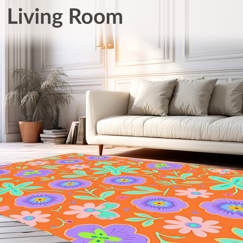 Retro Orange Floral Botanical Garden Rug