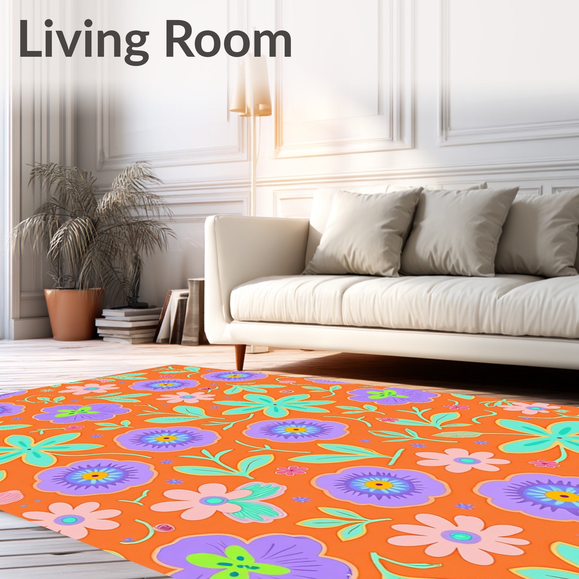 Retro Orange Floral Botanical Garden Rug
