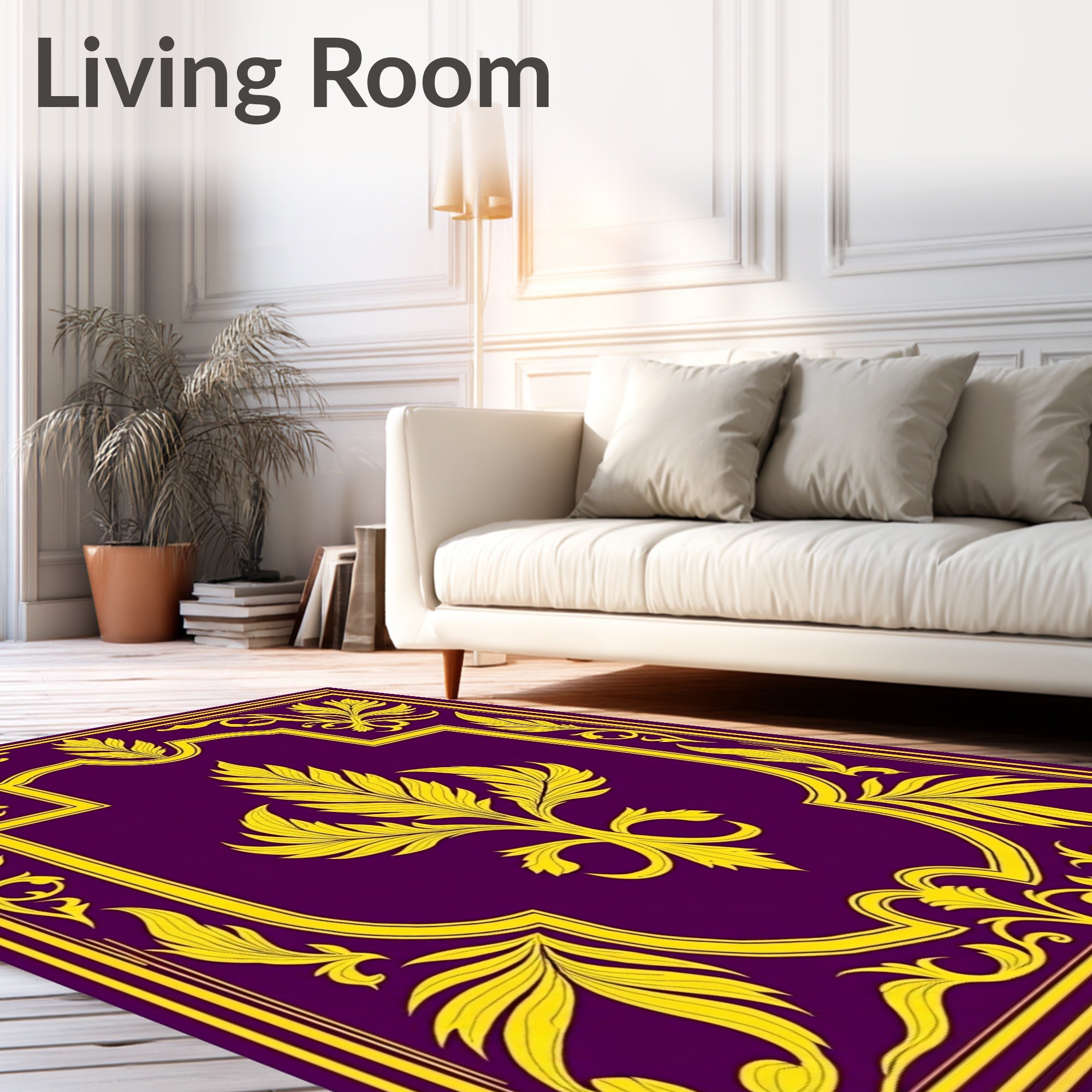 Rich Plum Yellow Leafy Frame Rug