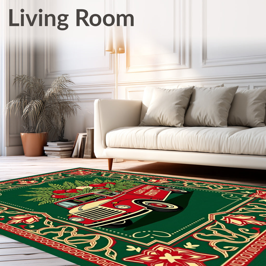 Vintage Festive Red Truck Fruit Border Rug