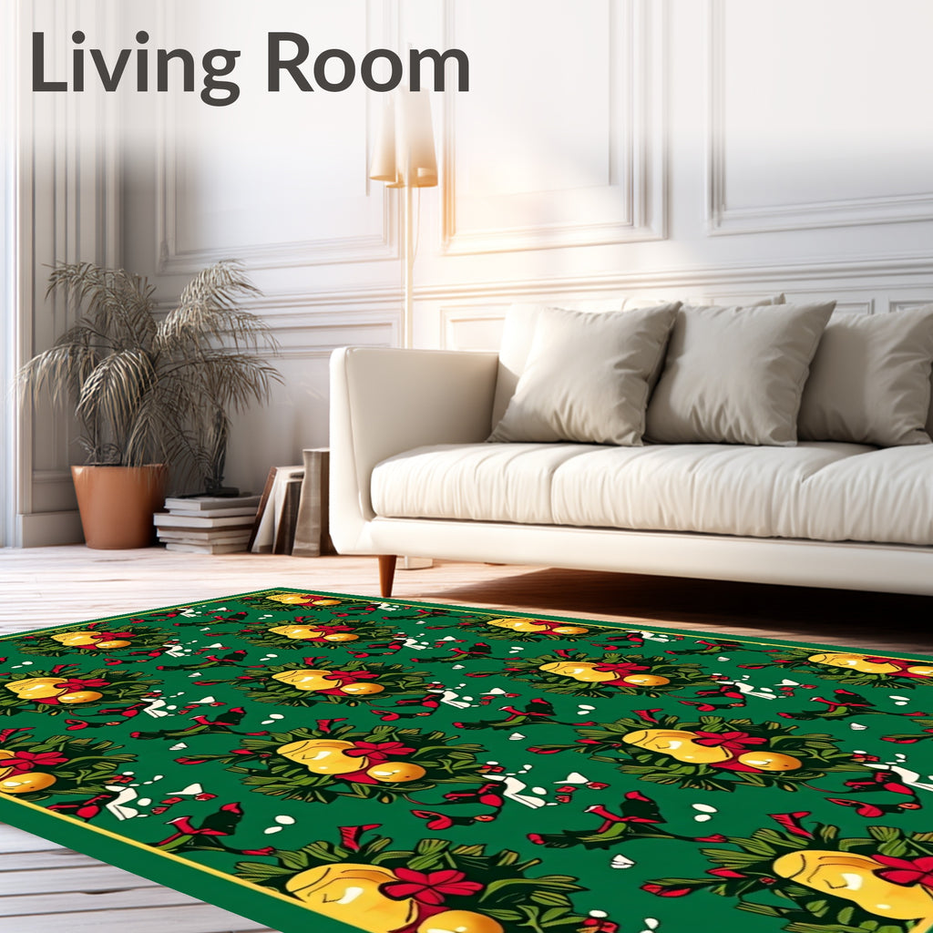 Festive Yellow Ornaments Green Garland Rug