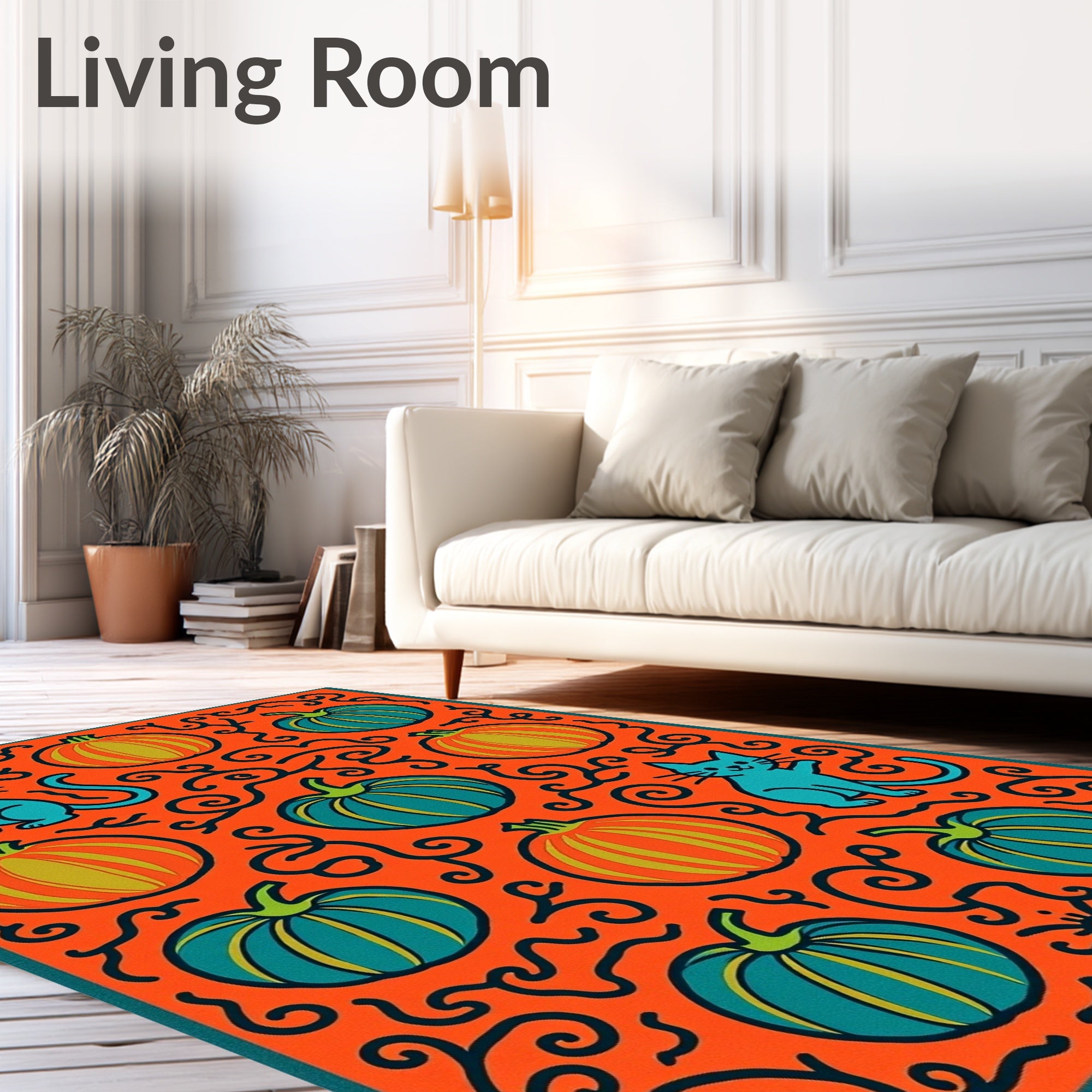 Orange Teal Whimsical Cats Pumpkins Rug