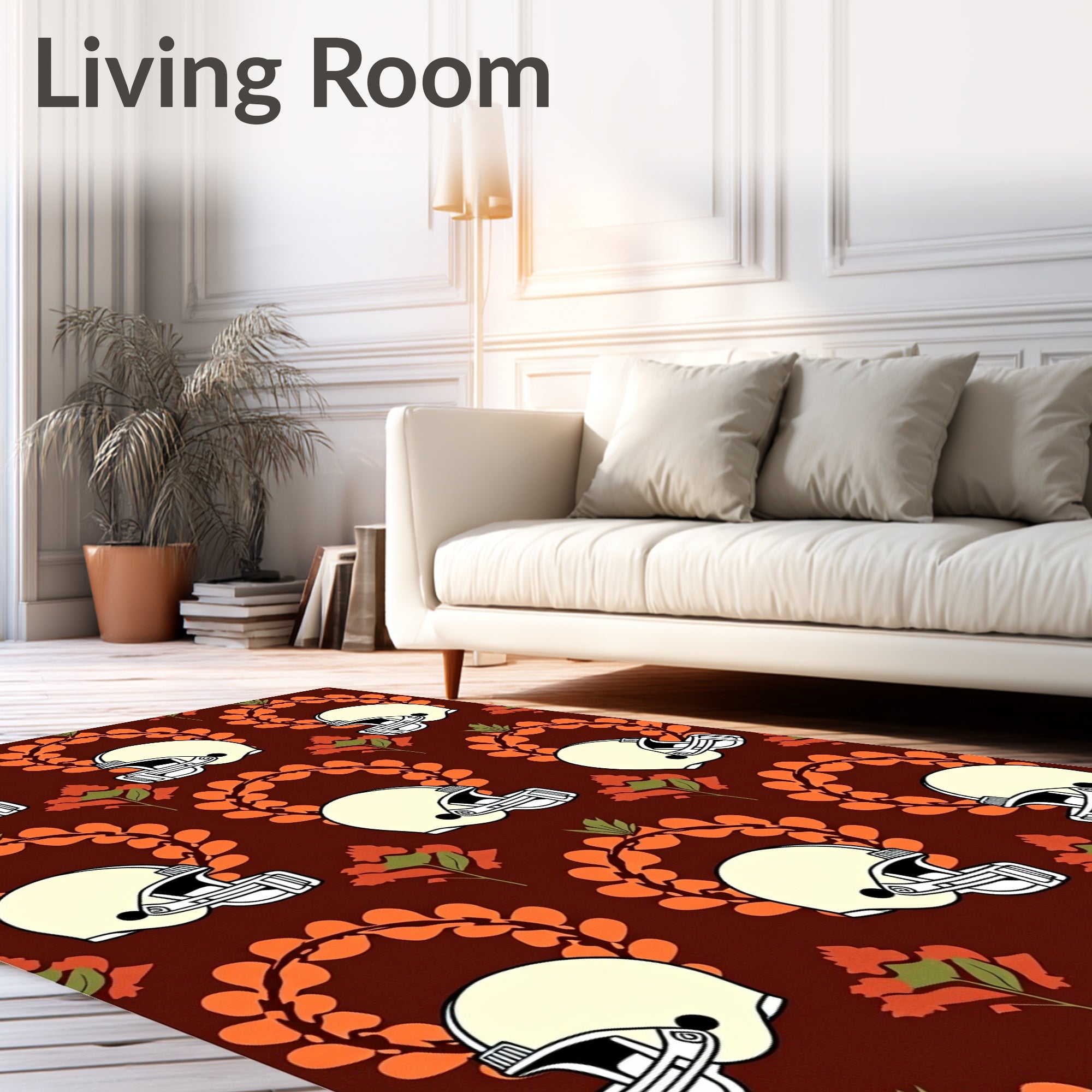 Cream Football Helmets Orange Wreath Red Flowers Rug