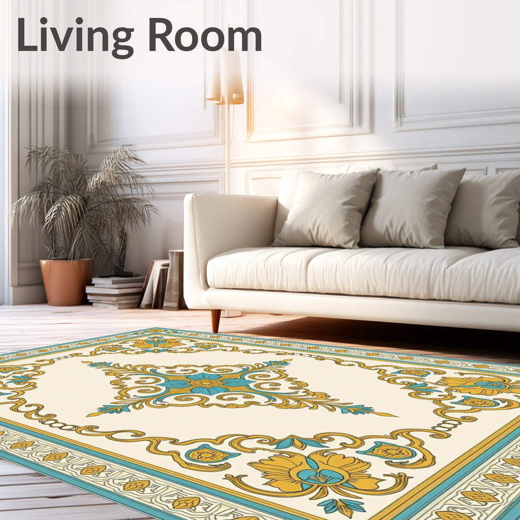 Golden Teal Floral Medallion Border Rug