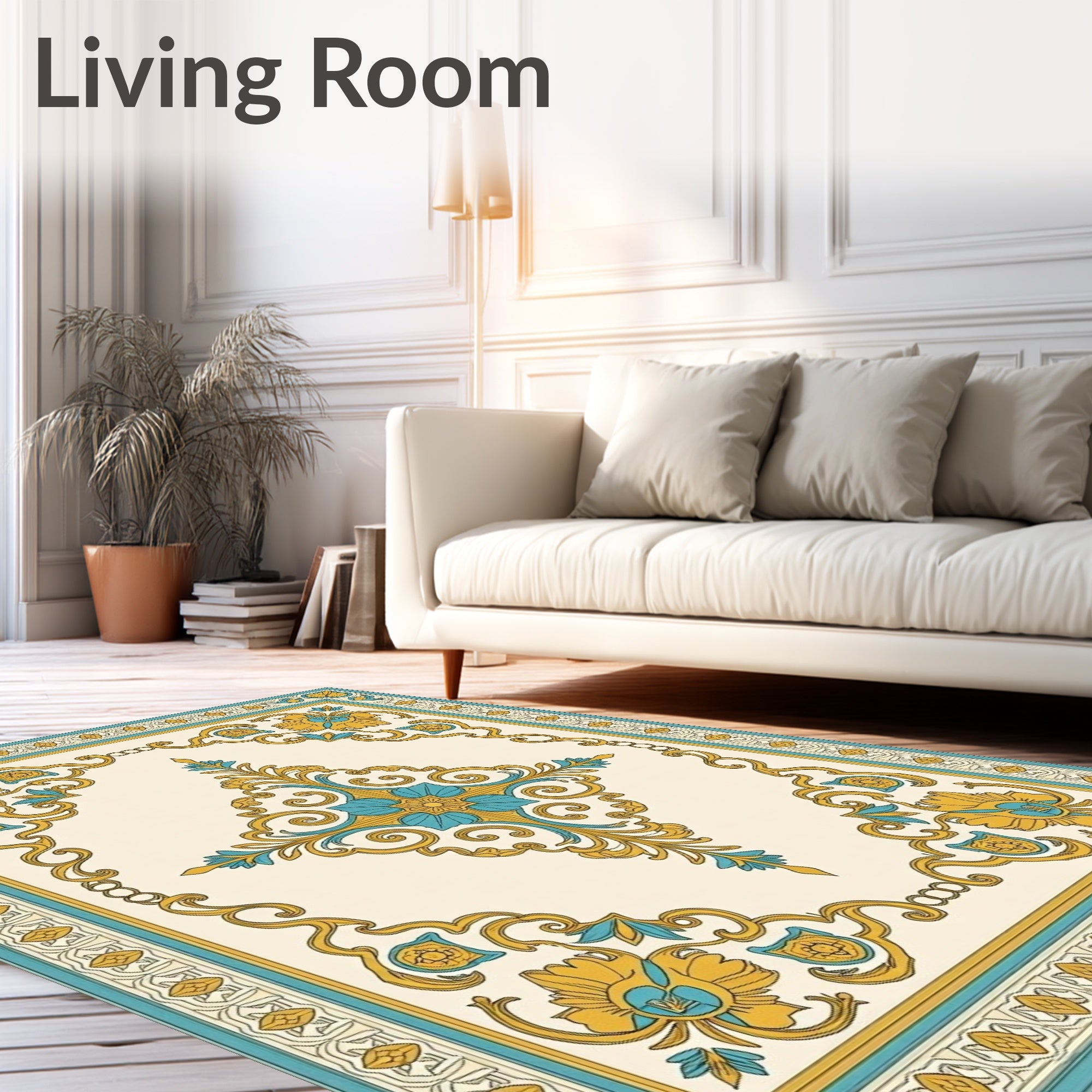 Golden Teal Floral Medallion Border Rug