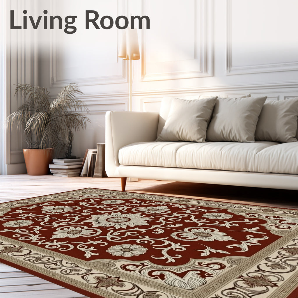 Crimson Floral Scroll Bordered Rug