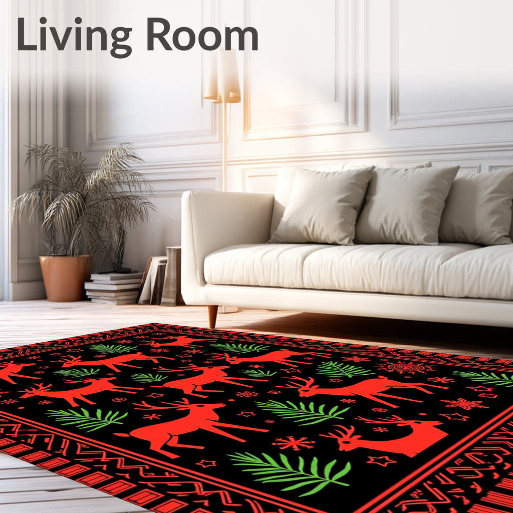 Red Deer And Green Pine Scene Rug